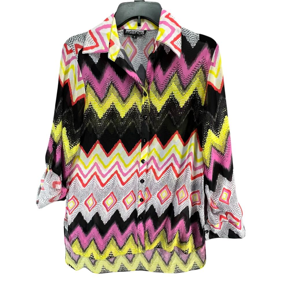 Mishca Blouse Women S Multicolor Zig Zag Chevron Roll Tab Sleeves Sheer Eclectic